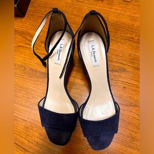 L.K. Bennett blue suede open toe pumps